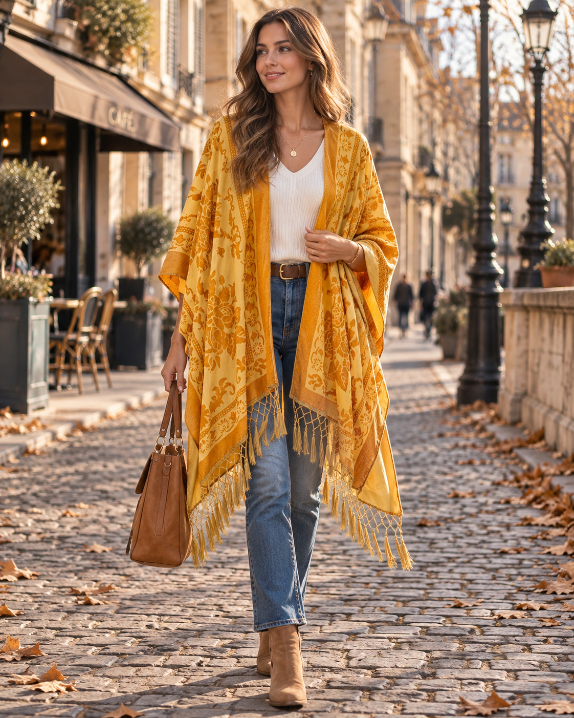Ofel Lang Kimono til Damer i Velour / Fløjl - Blomstermønster, Frønser & Flot Fald