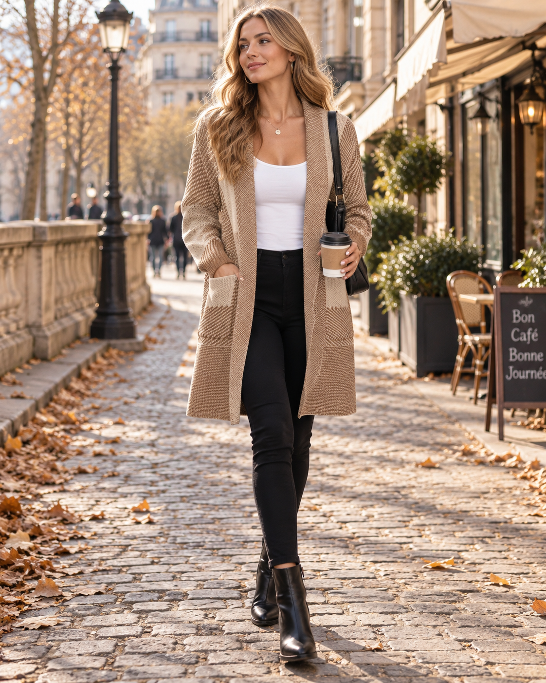 Sally Cardigan / Strikjakke Long til Damer med Carreaux - Oversized Pasform, Devant Ouvert & Grandes Lommer