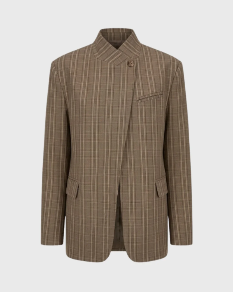 Riley Blazer til kvinder – Oversized ternet blazer med høj krave og asymmetrisk lukning, elegant design- Allostudios