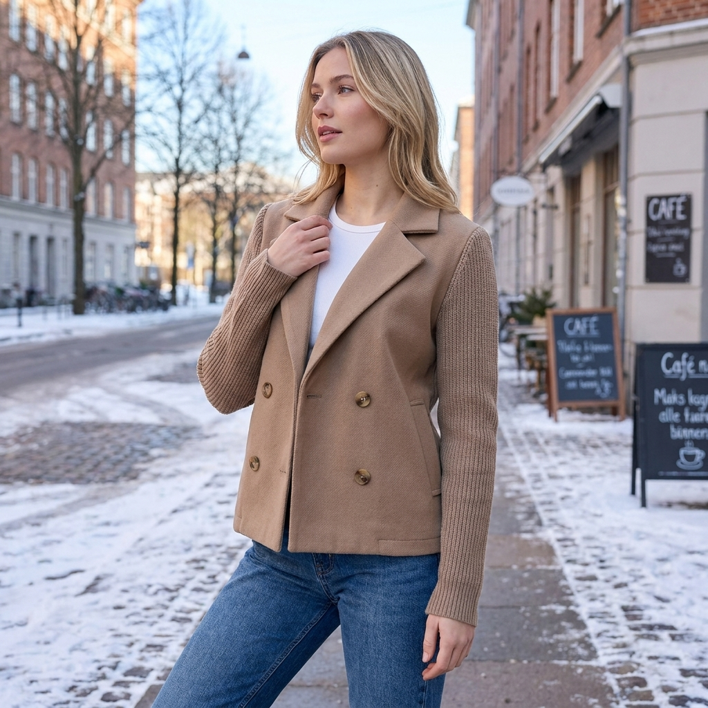 Casual Blazer Frakke Til Kvinder Med Strikkede Ærmer Og Dobbeltradet Design