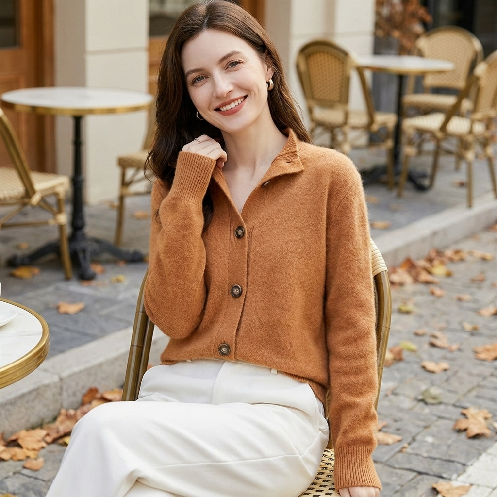 Elegant Cardigan Dame Med Knapper Og Klassisk Krave