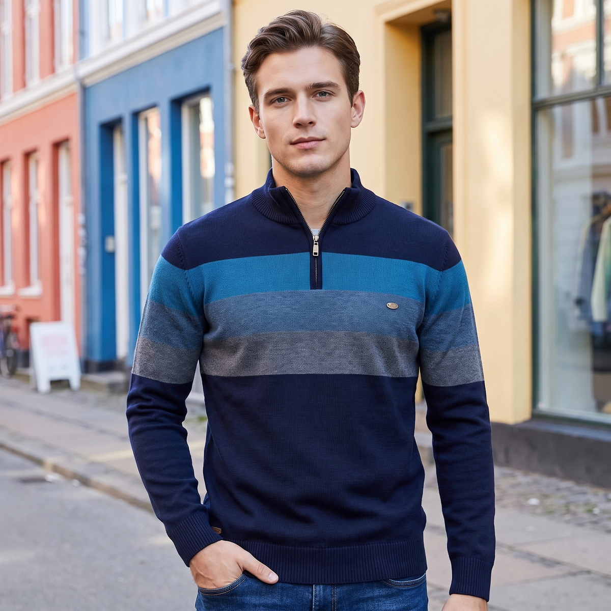 Herre Half Zip Sweater Klassisk Stribet Casual Stil